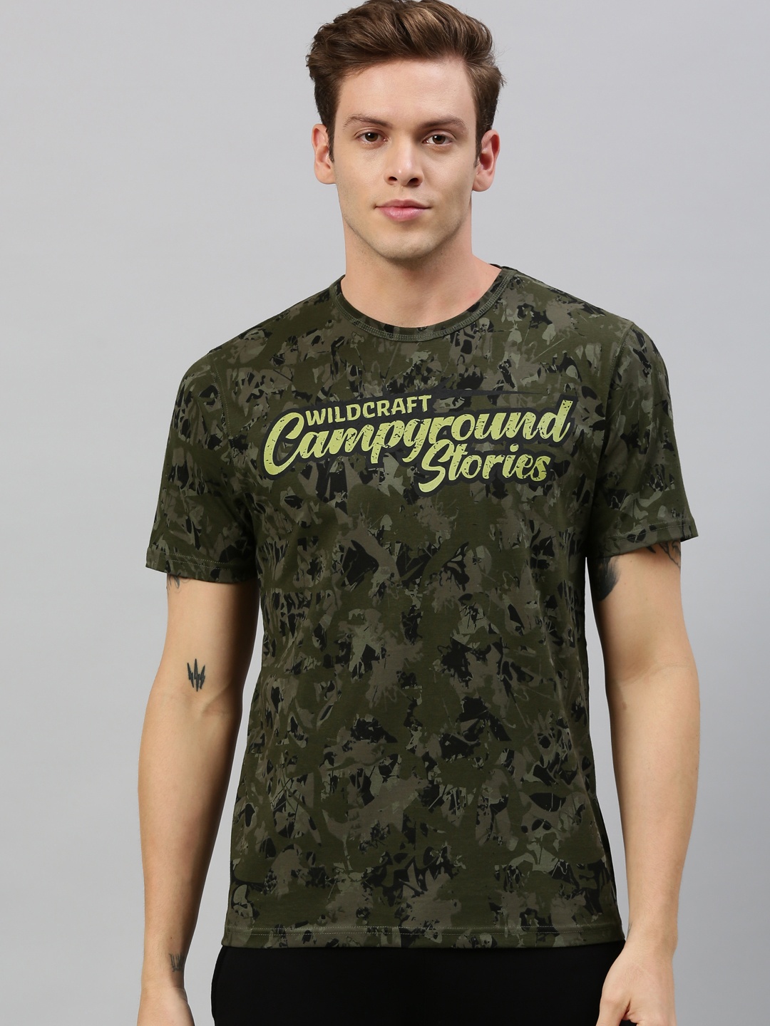 

Wildcraft Men Olive Green Black Camouflage Printed Round Neck Pure Cotton T-shirt