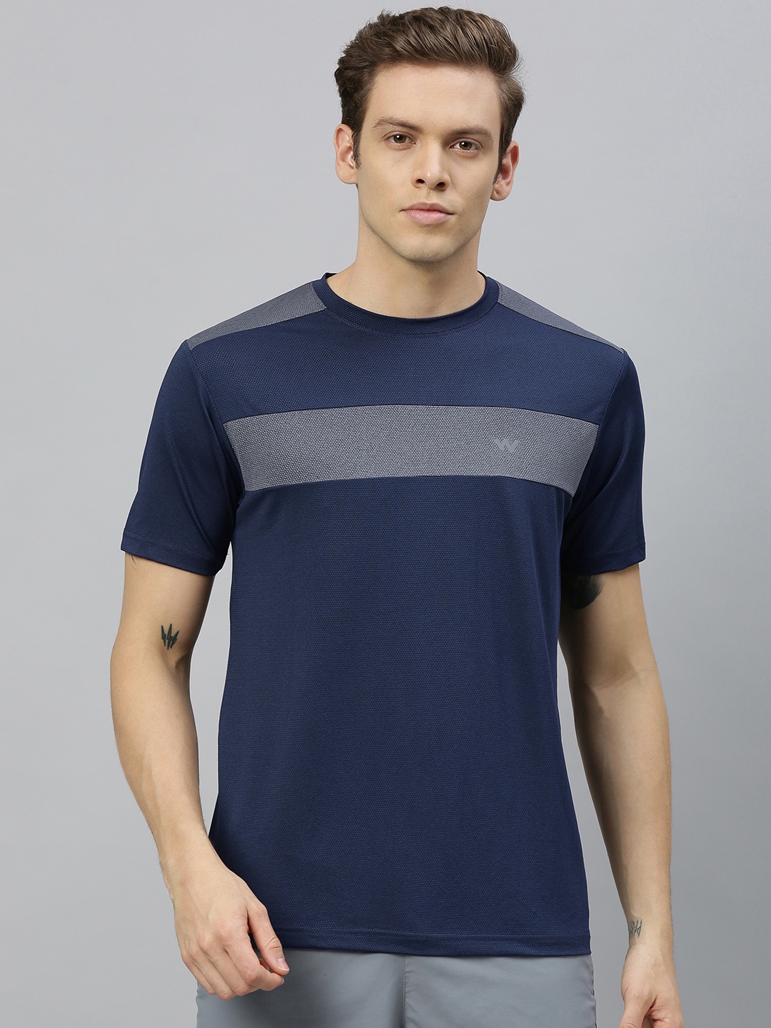 

Wildcraft Men Navy Blue & Grey Colourblocked Round Neck T-shirt