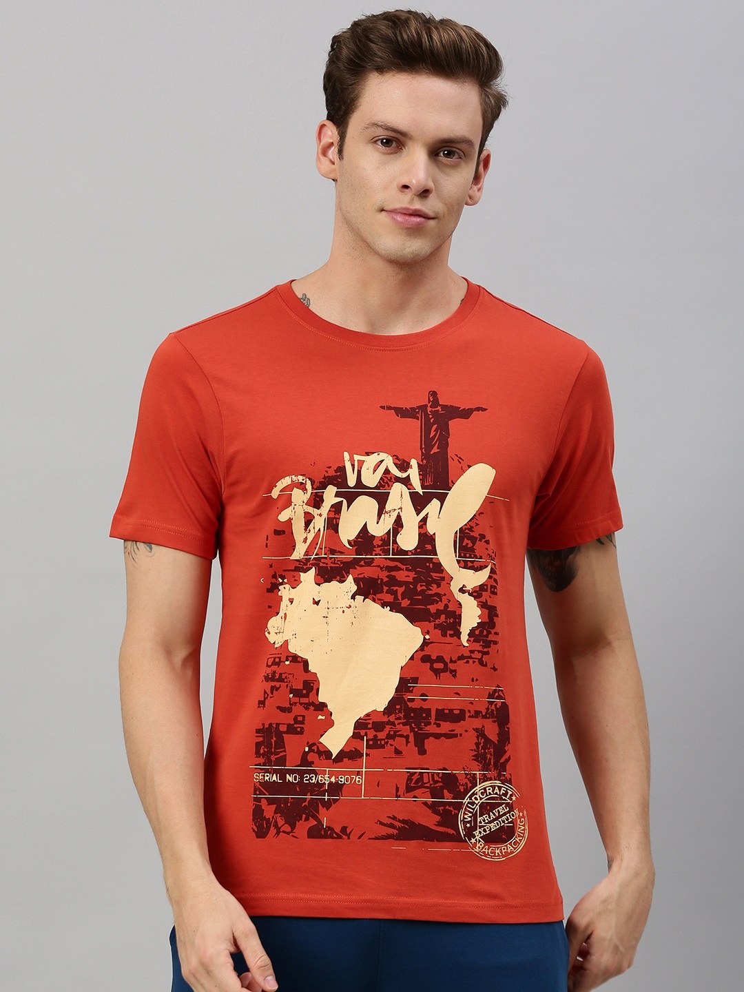 

Wildcraft Men Orange Printed Round Neck Pure Cotton T-shirt