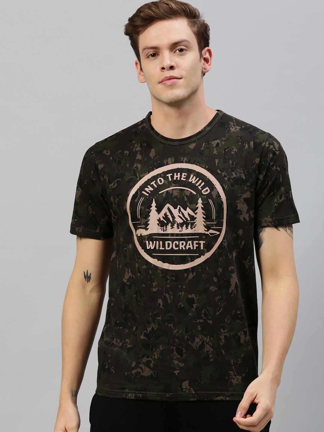 

Wildcraft Men Brown Olive Green Camouflage Printed Round Neck Pure Cotton T-shirt