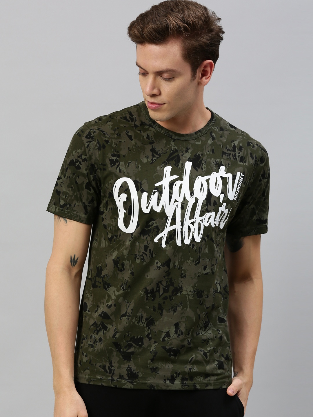 

Wildcraft Men Olive Green Black Camouflage Printed Round Neck Pure Cotton T-shirt