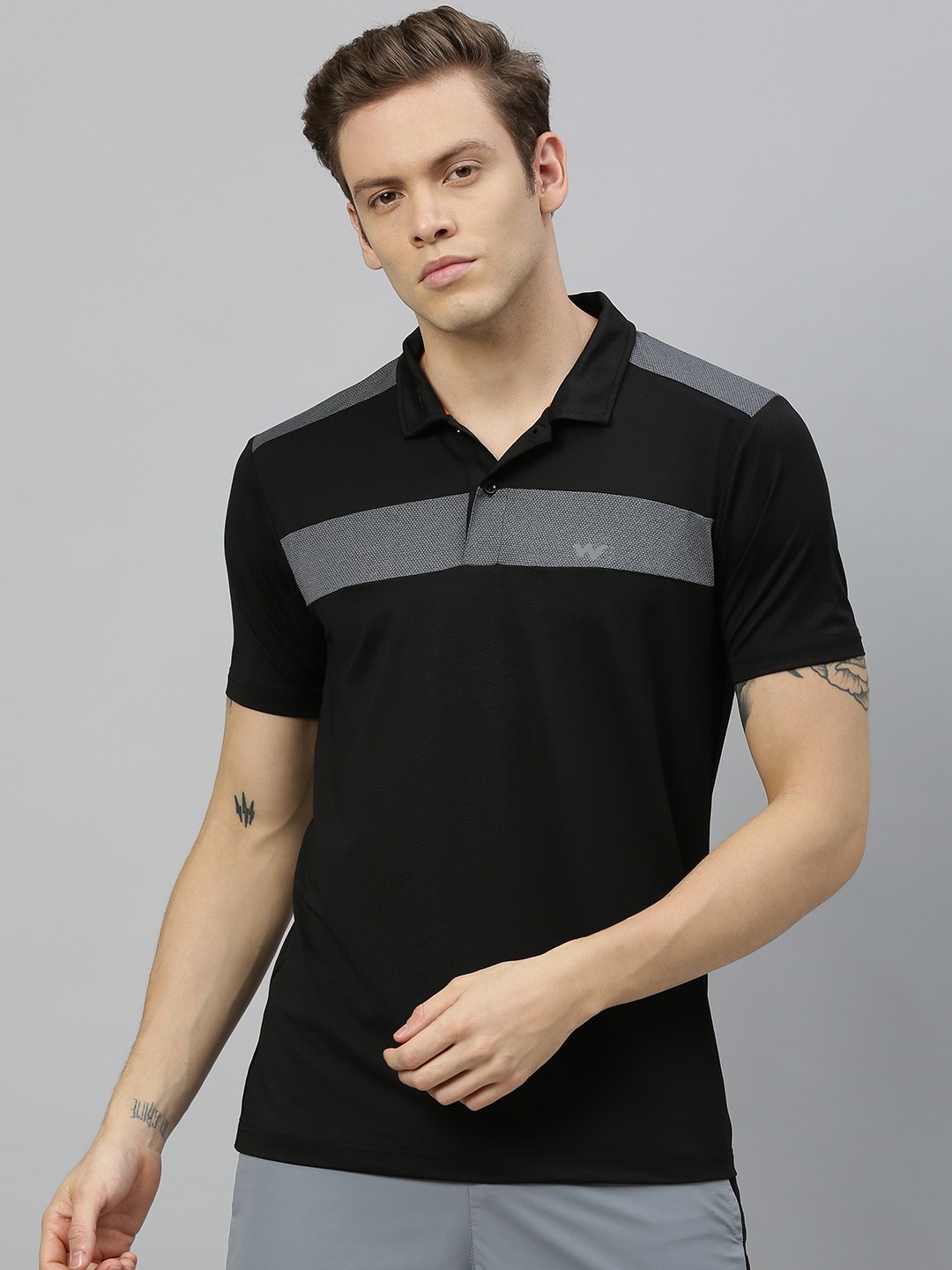 

Wildcraft Men Black & Grey Colourblocked Polo Collar T-shirt