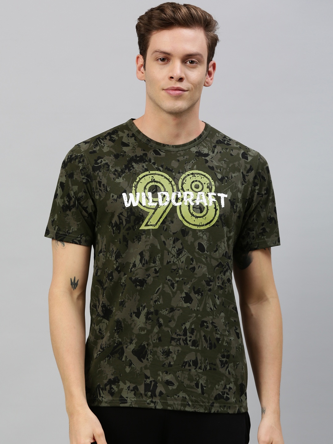 

Wildcraft Men Olive Green Black Camouflage Printed Round Neck Pure Cotton T-shirt