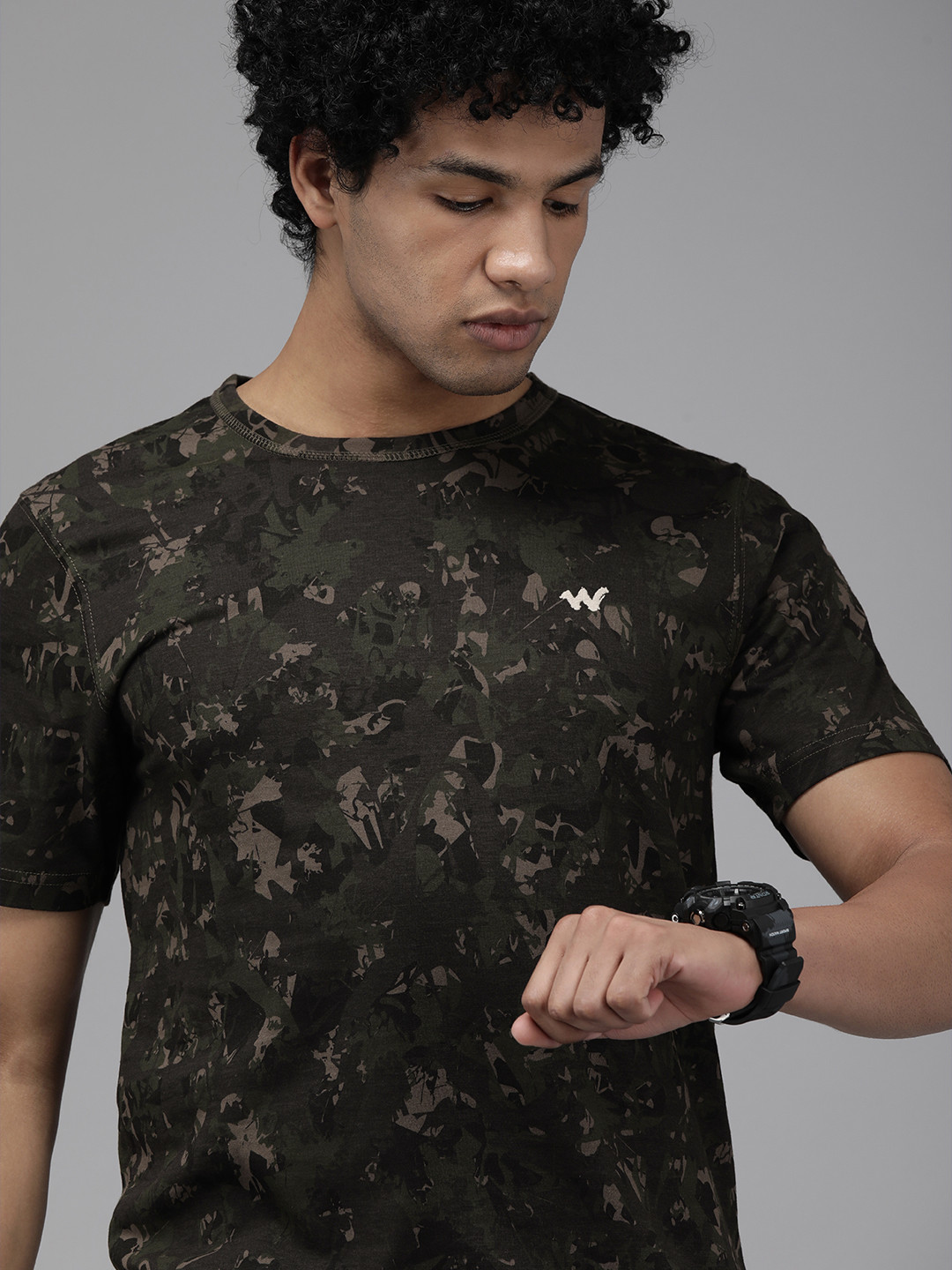 

Wildcraft Men Camouflage Round Neck Brand Logo Slim Fit T-shirt, Brown