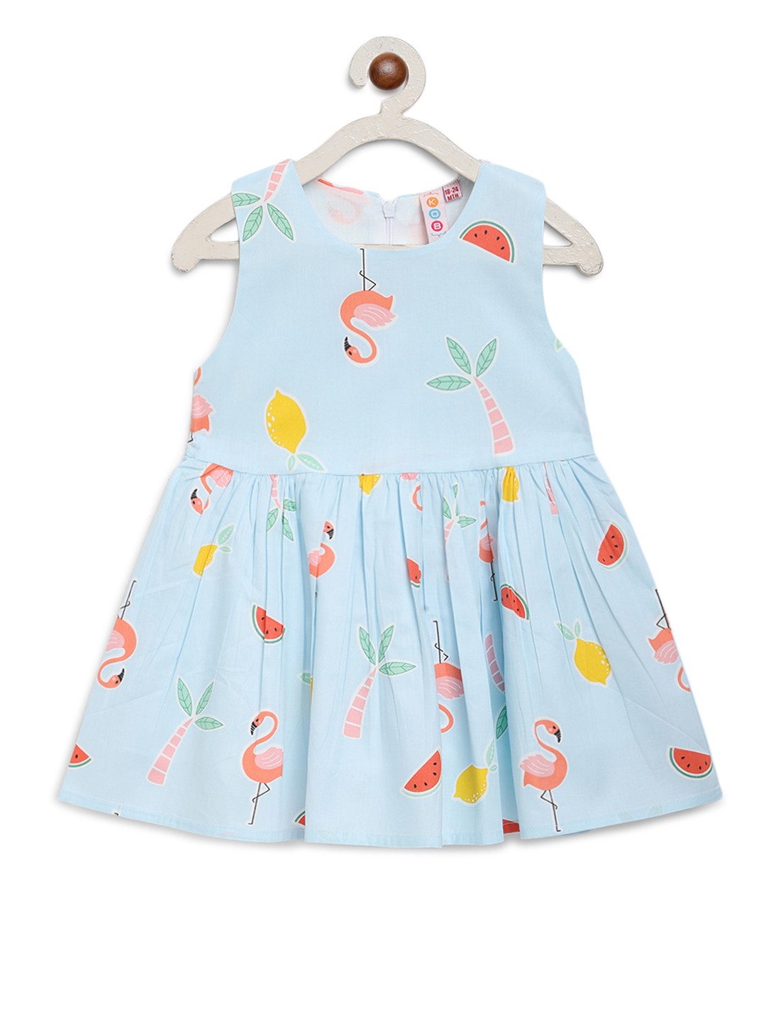 

Kids On Board Girls Turquoise Blue Flamingo and Melon Printed Fit and Flare Dress