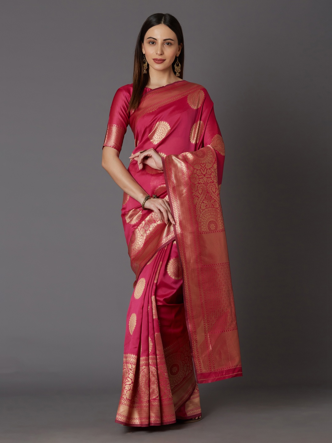 

Mitera Pink & Gold-Coloured Silk Blend Woven Design Kanjeevaram Saree