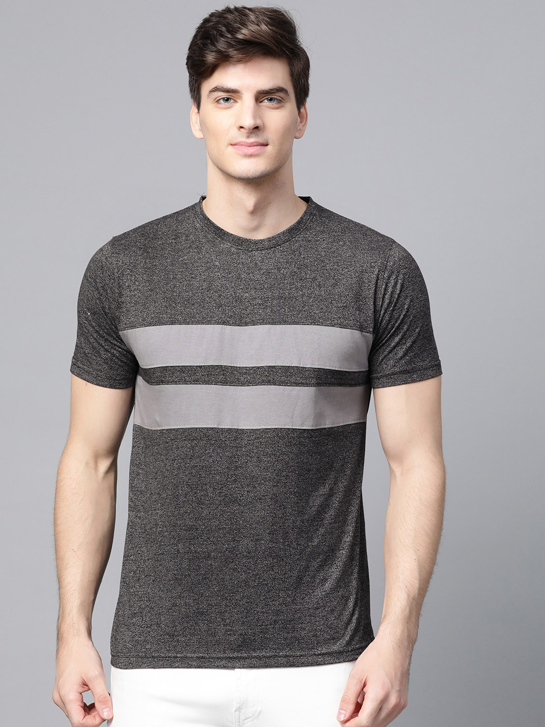 

ManQ CASUAL Men Charcoal Grey Colourblocked Round Neck T-shirt