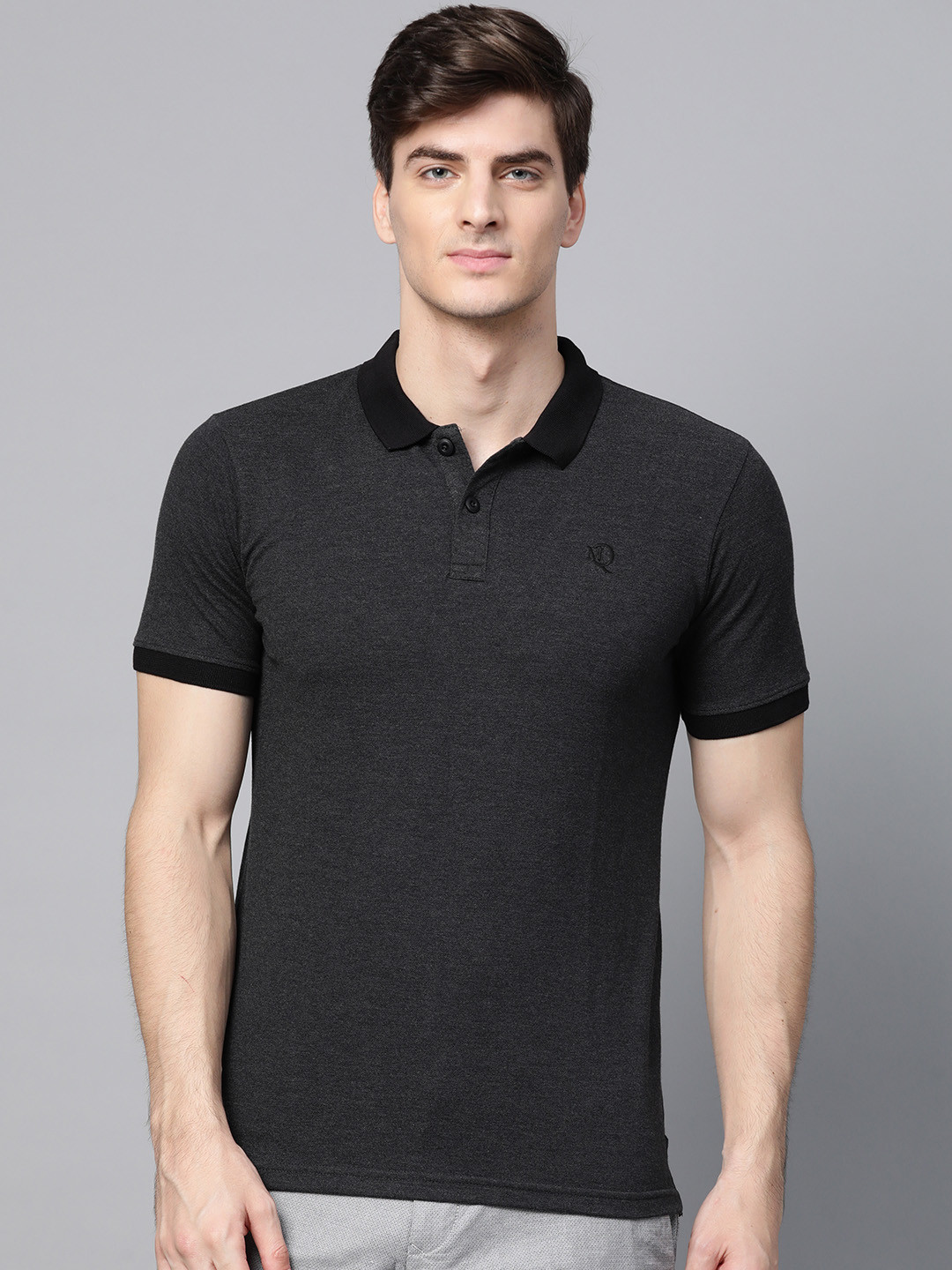 

ManQ CASUAL Men Charcoal Grey Slim Fit Solid Polo Collar T-shirt