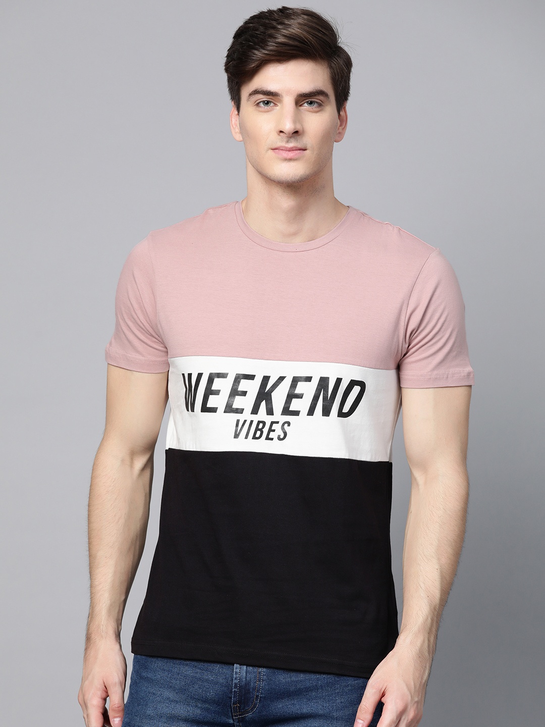 

ManQ CASUAL Men Dusty Pink & White Colourblocked Round Neck T-shirt