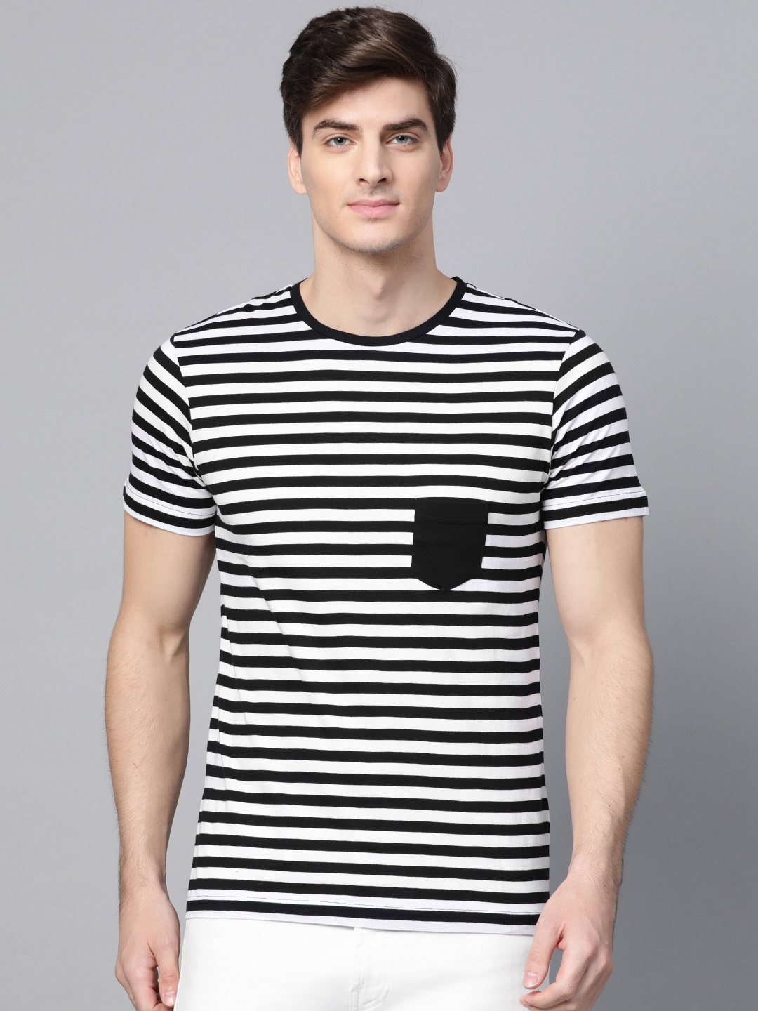 

ManQ CASUAL Men White & Black Striped Round Neck T-shirt