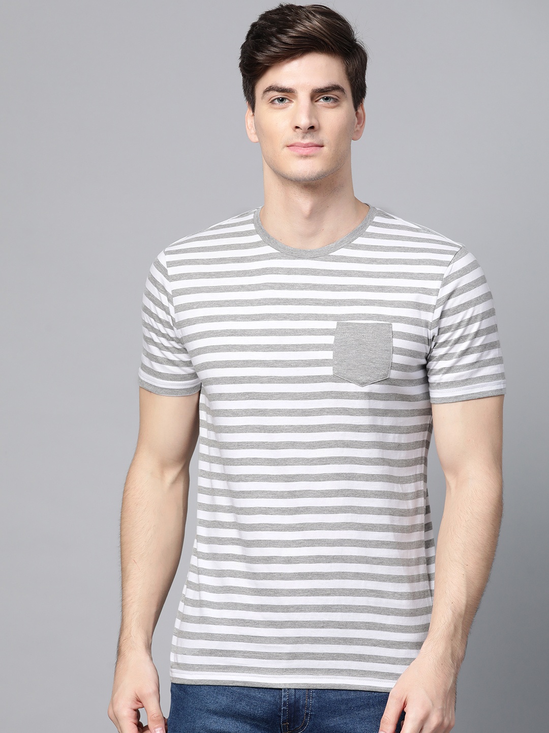 

ManQ CASUAL Men White & Grey Melange Slim Fit Striped Round Neck T-shirt