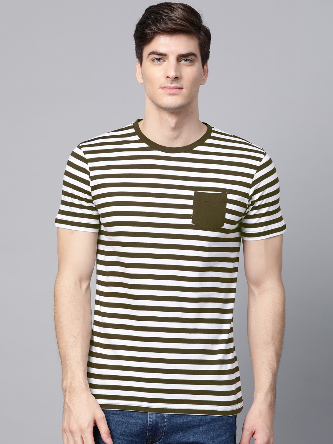 

ManQ CASUAL Men Olive Green & White Slim Fit Striped Round Neck T-shirt