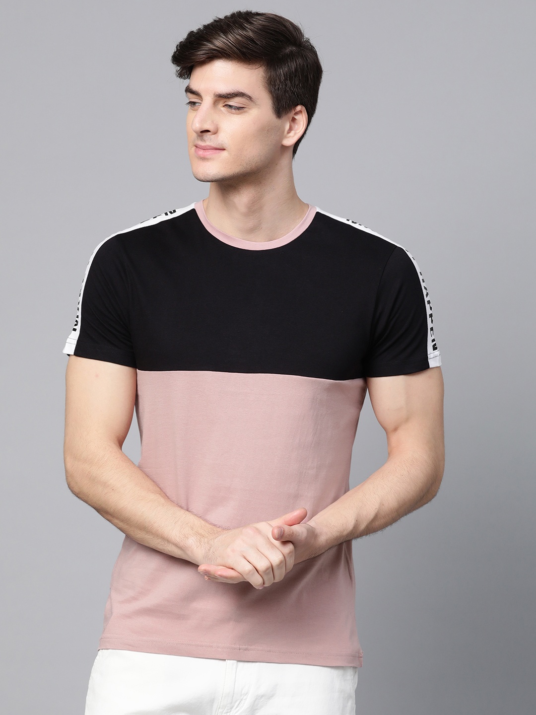 

ManQ CASUAL Men Black & Dusty Pink Colourblocked Round Neck T-shirt