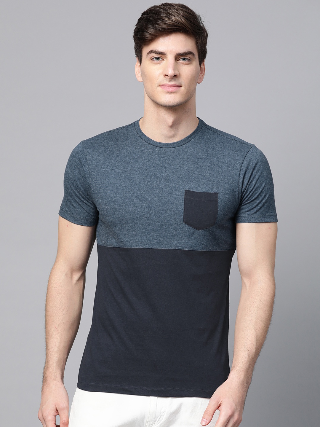 

ManQ CASUAL Men Navy Blue Colourblocked Round Neck T-shirt