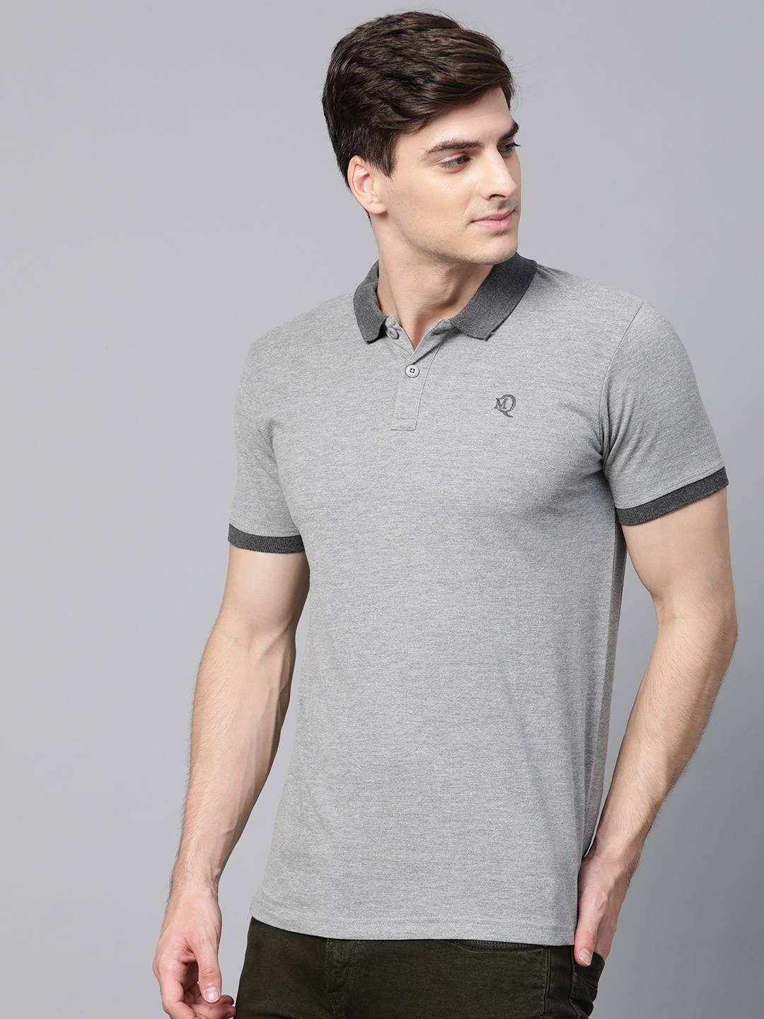 

ManQ CASUAL Men Grey Melange Solid Polo Collar T-shirt