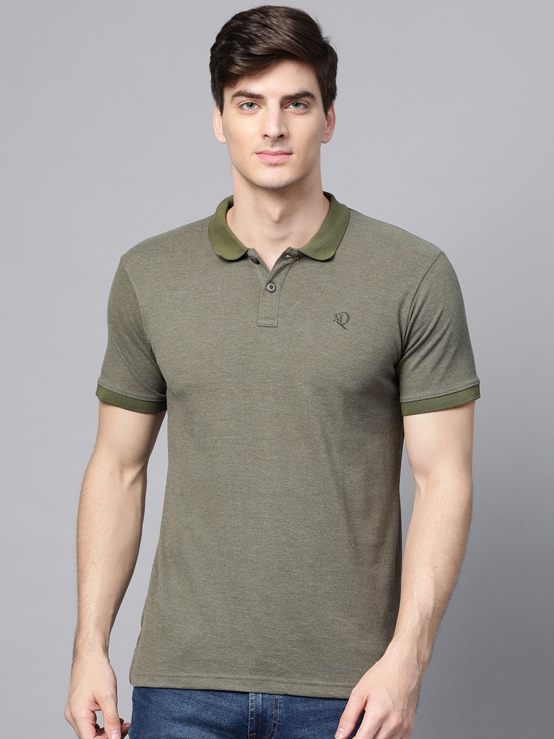 

ManQ CASUAL Men Olive Green Solid Polo Collar T-shirt