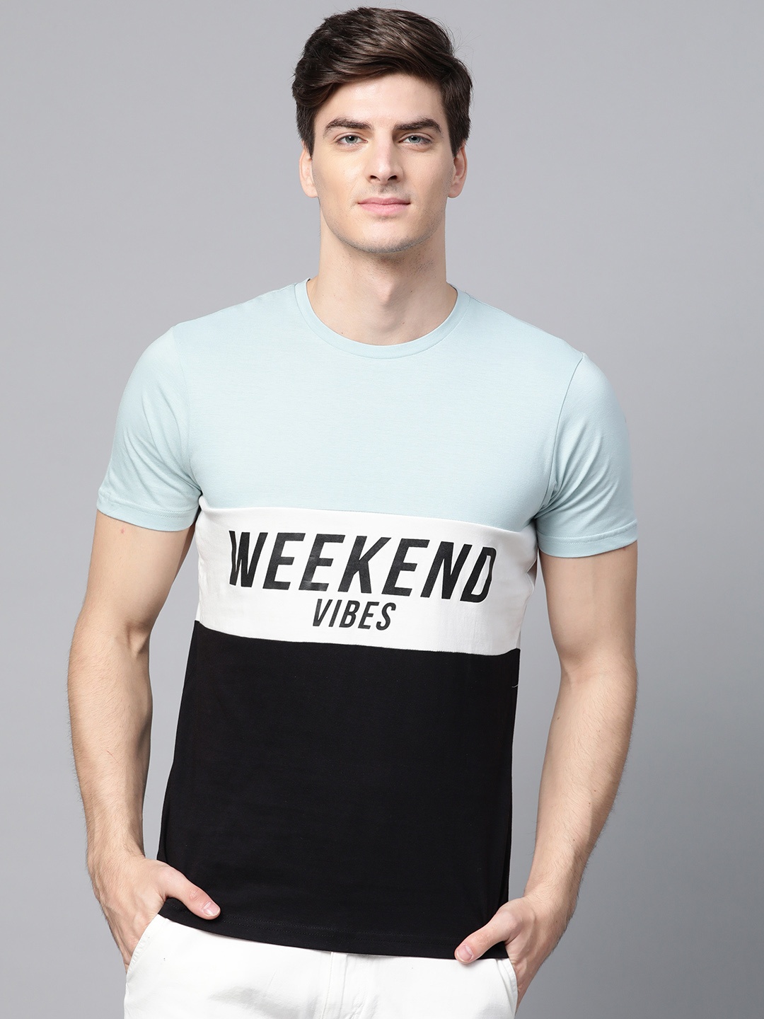 

ManQ CASUAL Men Black & Blue Colourblocked Round Neck T-shirt