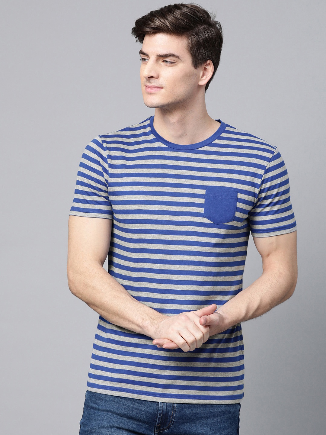 

ManQ CASUAL Men Blue & Grey Melange Striped Round Neck T-shirt