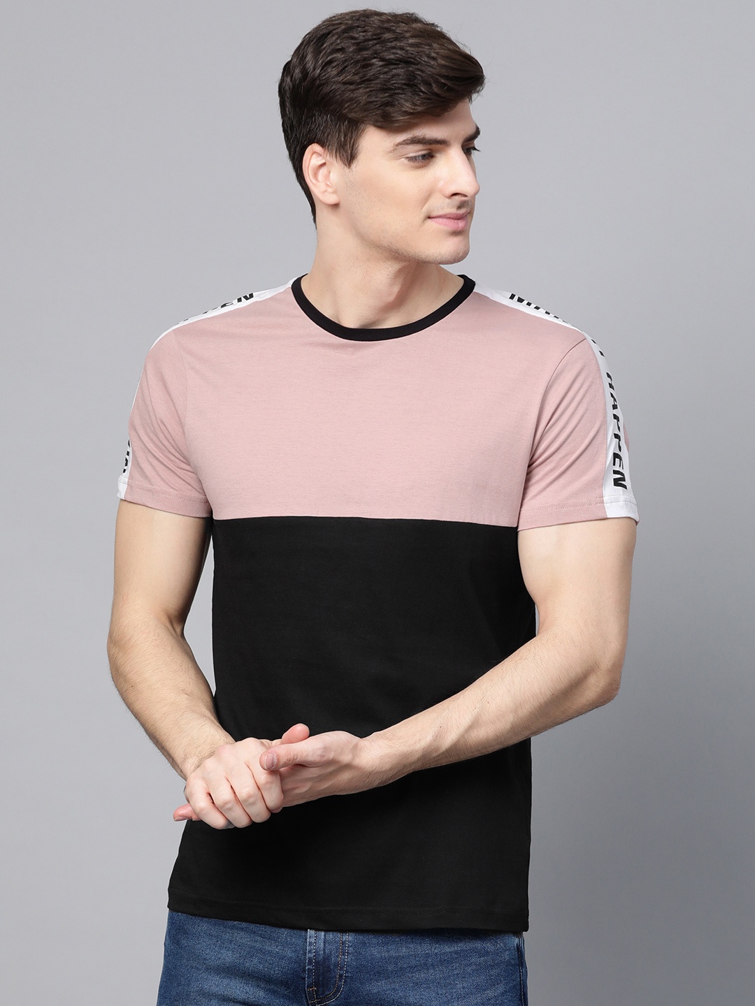 

ManQ CASUAL Men Dusty Pink & Black Colourblocked Round Neck T-shirt