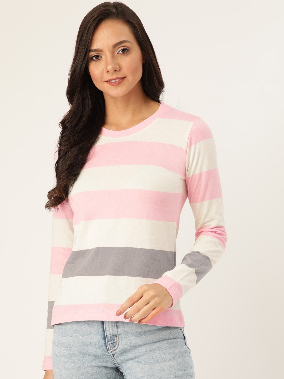 

ether Women Off-White & Pink Striped Round Neck T-shirt