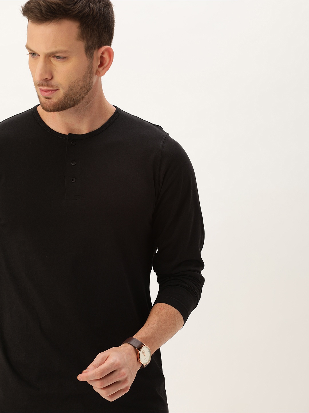 

ether Men Black Henley Neck Cotton Pure Cotton T-shirt