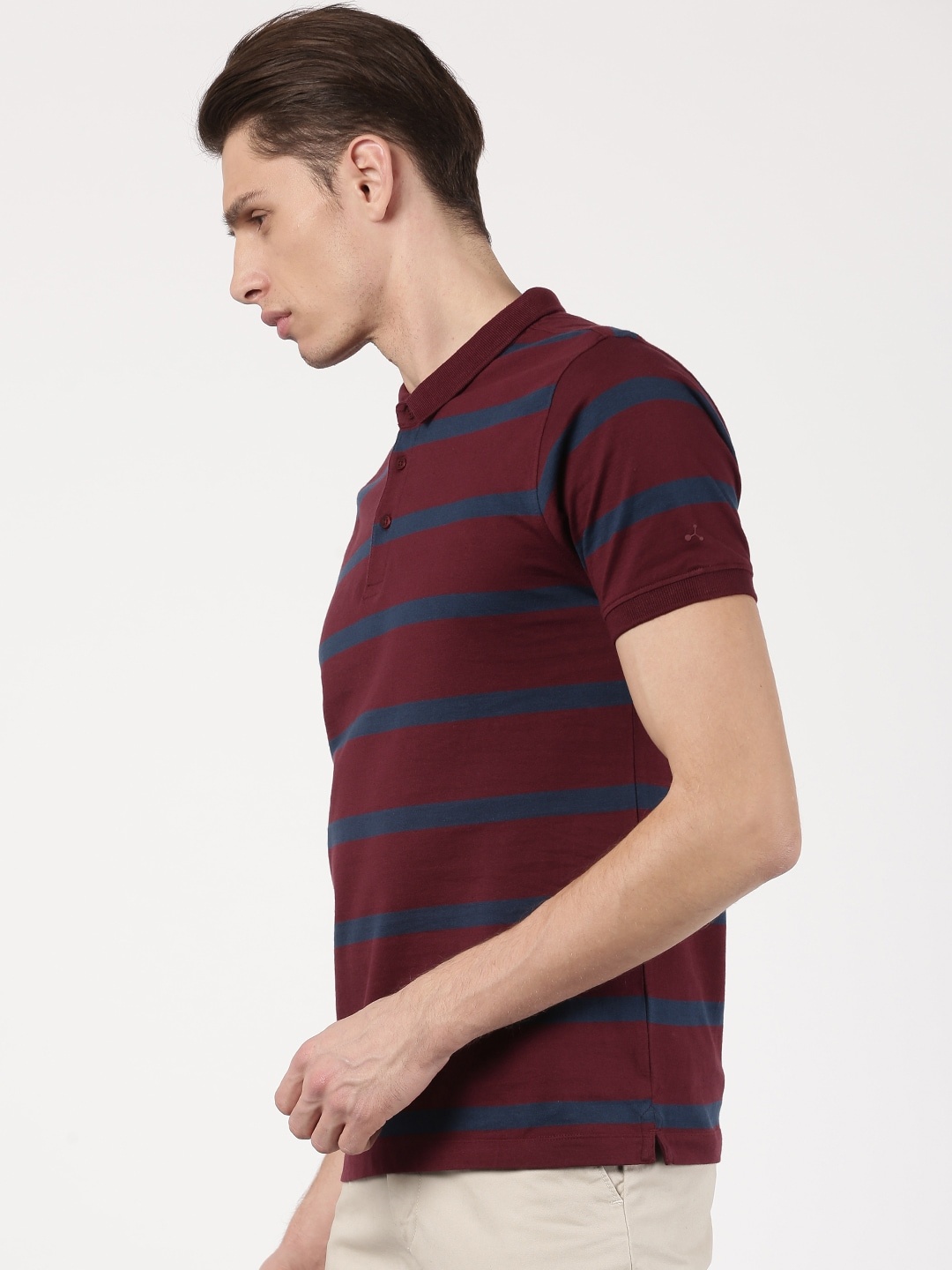 

ether Men Maroon & Navy Blue Striped Polo Collar T-shirt