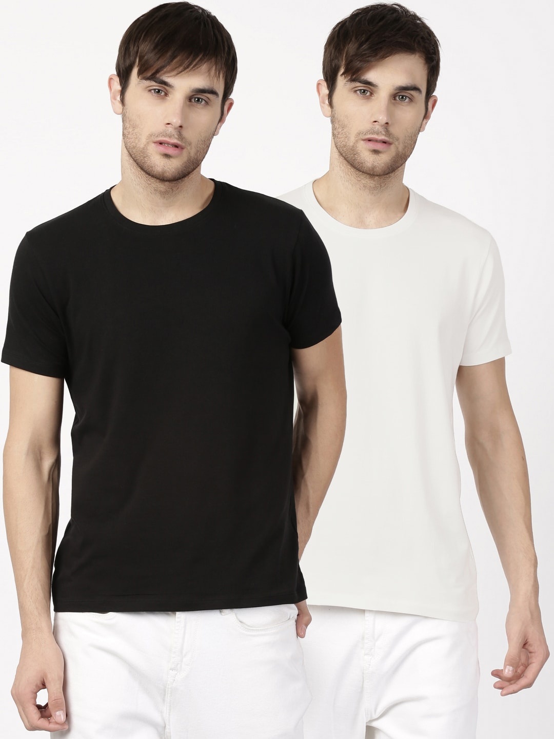 

ether Men Pack Of 2 Black & White Solid Round Neck T-shirt