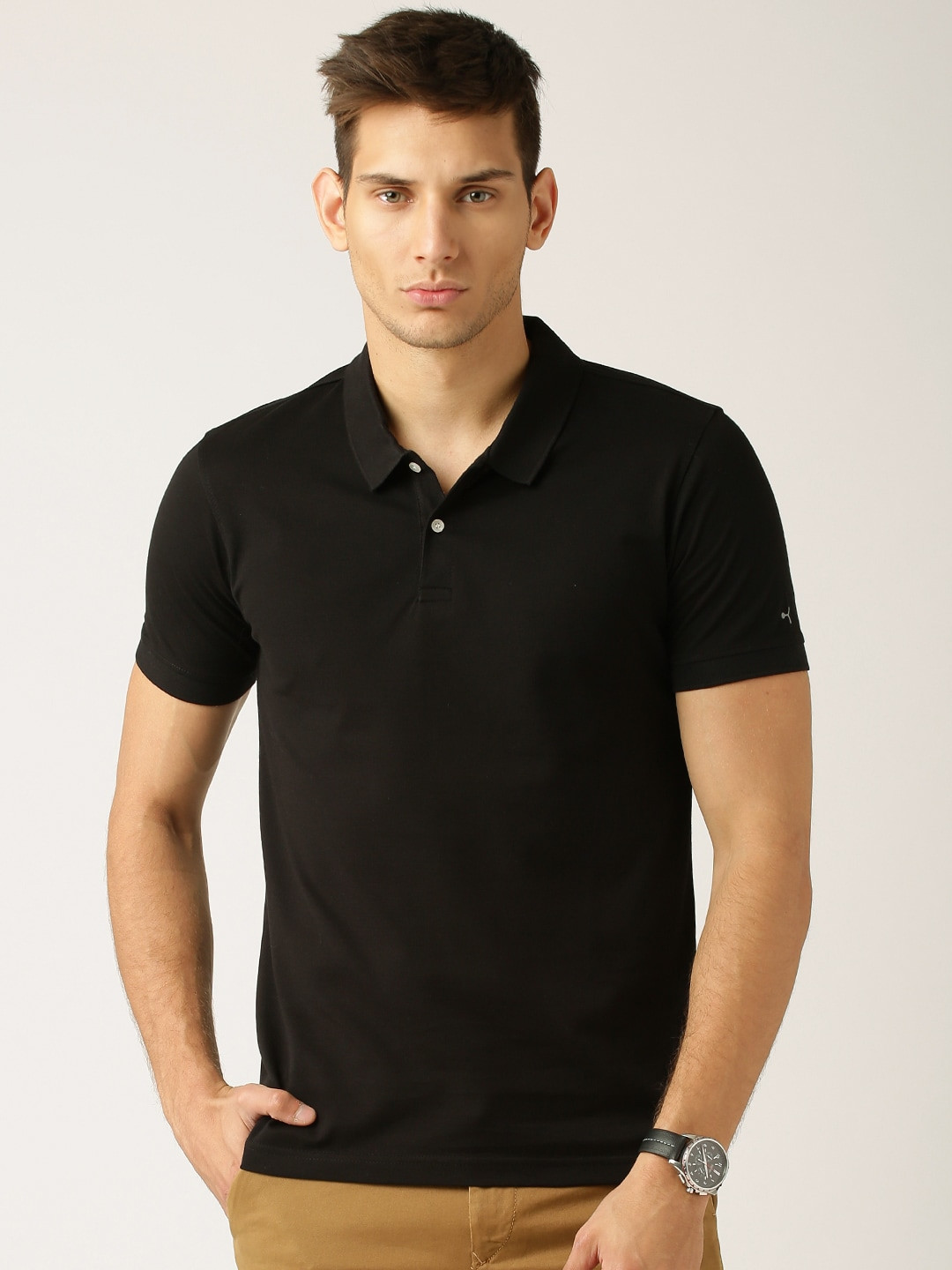 

ether Men Black Solid Mercerized Polo Collar Pure Cotton T-shirt