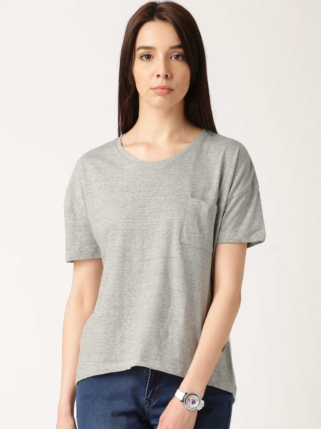 

ether Women Grey Melange Solid Round Neck Drop-Shoulder T-shirt