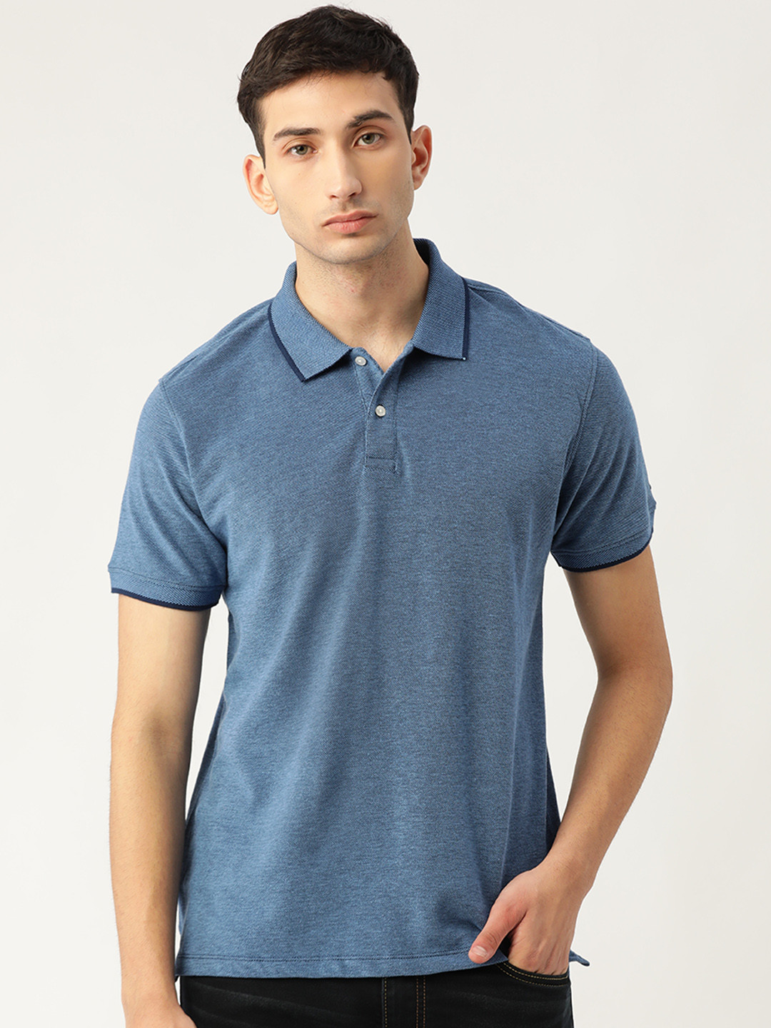 

ether Men Blue Solid Polo Collar T-shirt