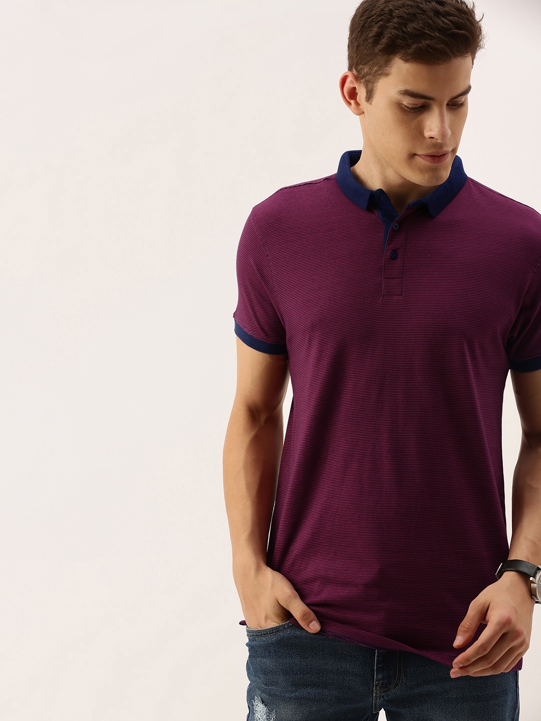 

ether Men Maroon Navy Blue Striped Polo Collar Pure Cotton T-shirt