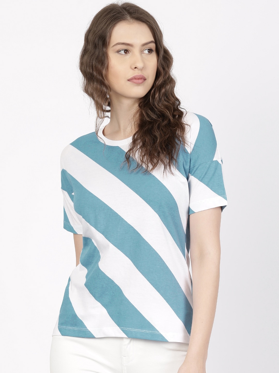 

ether Women Blue White Diagonal Striped Round Neck Drop Shoulder Pure Cotton T-shirt