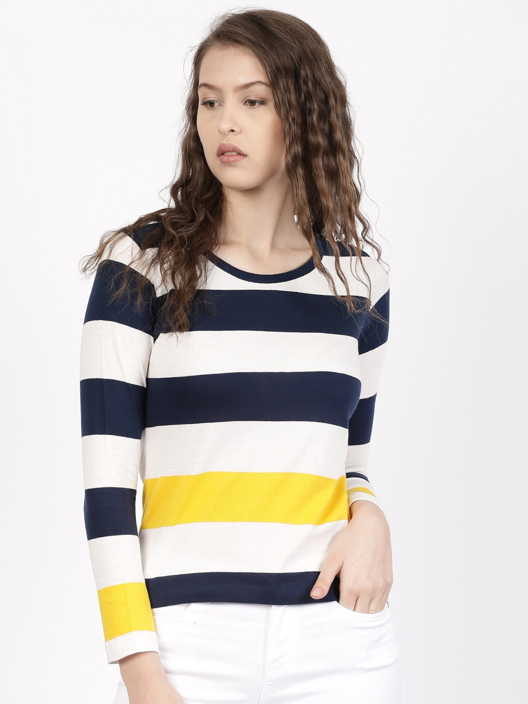 

ether Women Navy White Lightweight Striped Long Sleeve Round Neck Pure Cotton T-shirt
