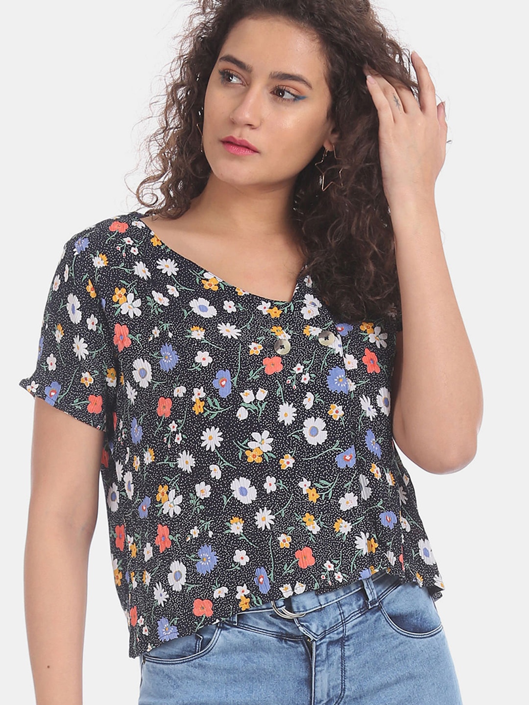 

Sugr Women Navy Blue & Off-White Printed Top