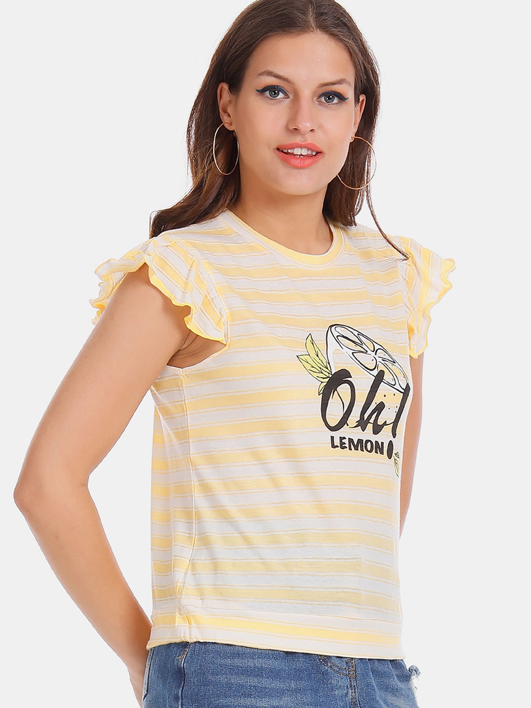 

Sugr Women Yellow & Off-White Striped Pure Cotton Top