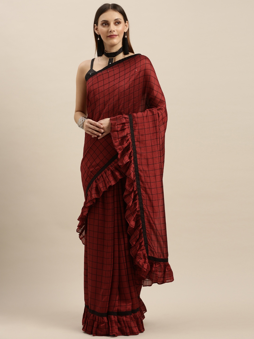 

SHAVYA Maroon & Black Silk Blend Checked Ruffles Saree