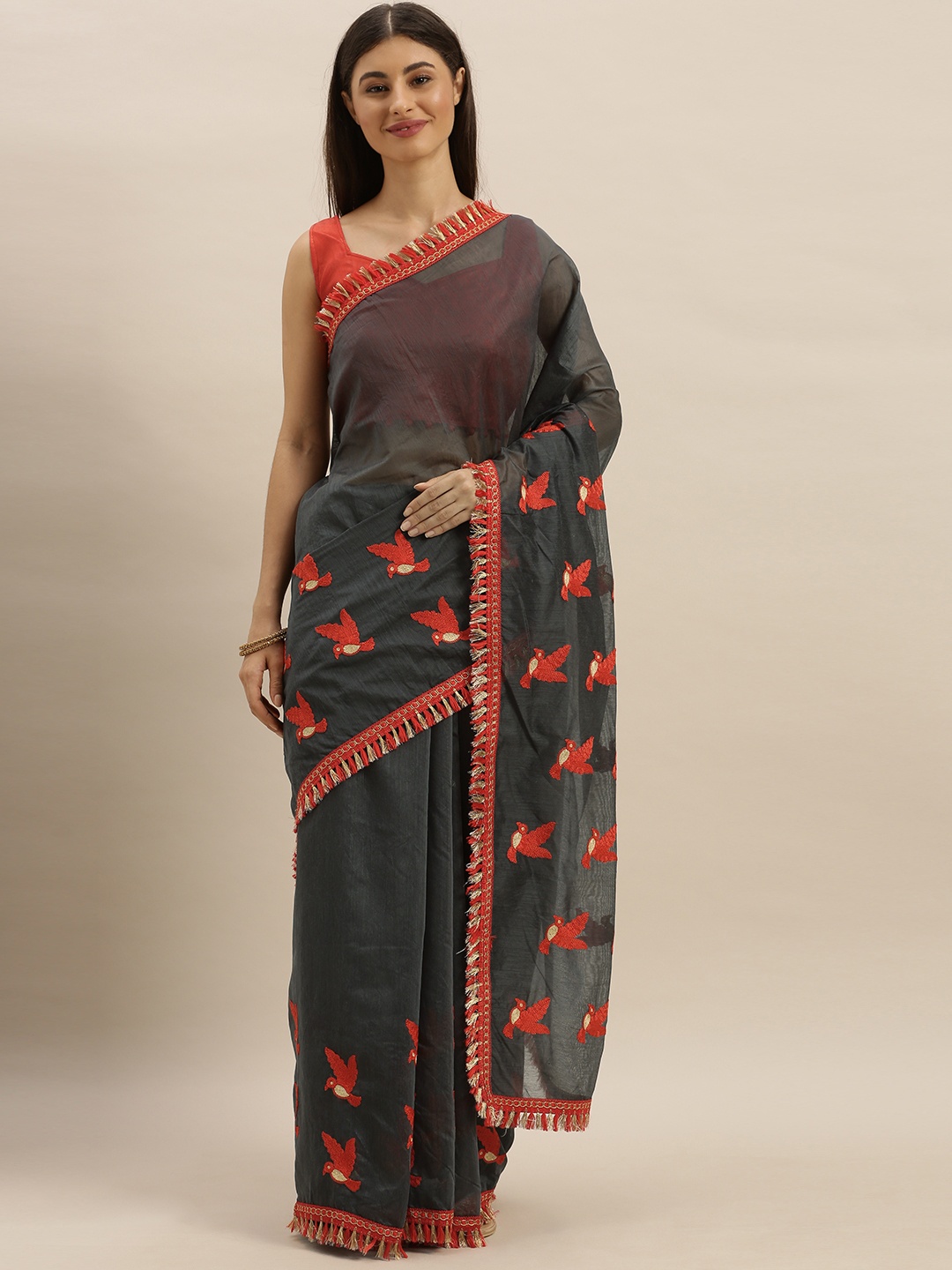 

SHAVYA Grey & Red Cotton Blend Embroidered Saree