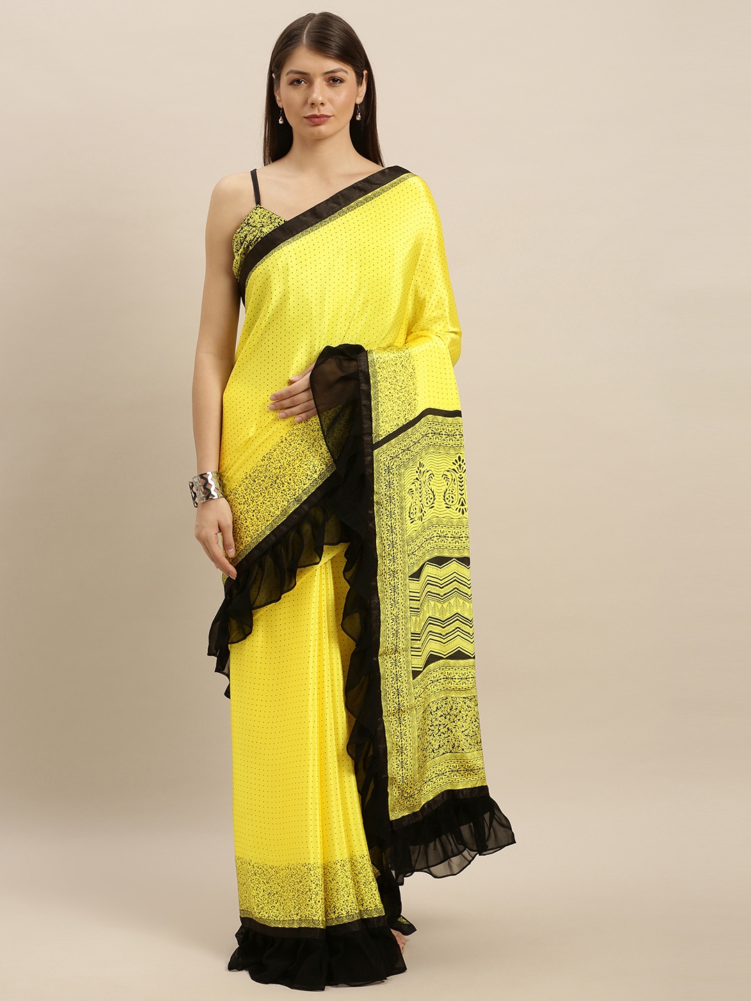 

SHAVYA Yellow & Black Satin Printed Saree with Ruffles
