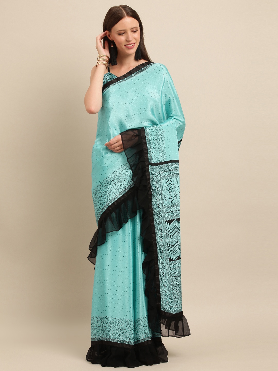 

SHAVYA Turquoise Blue & Black Satin Printed Ruffled Saree