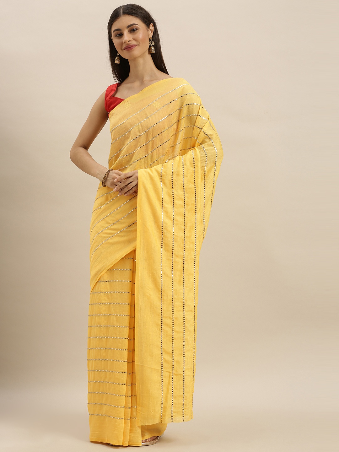 

SHAVYA Yellow & Gold-Toned Silk Blend Embellished Saree
