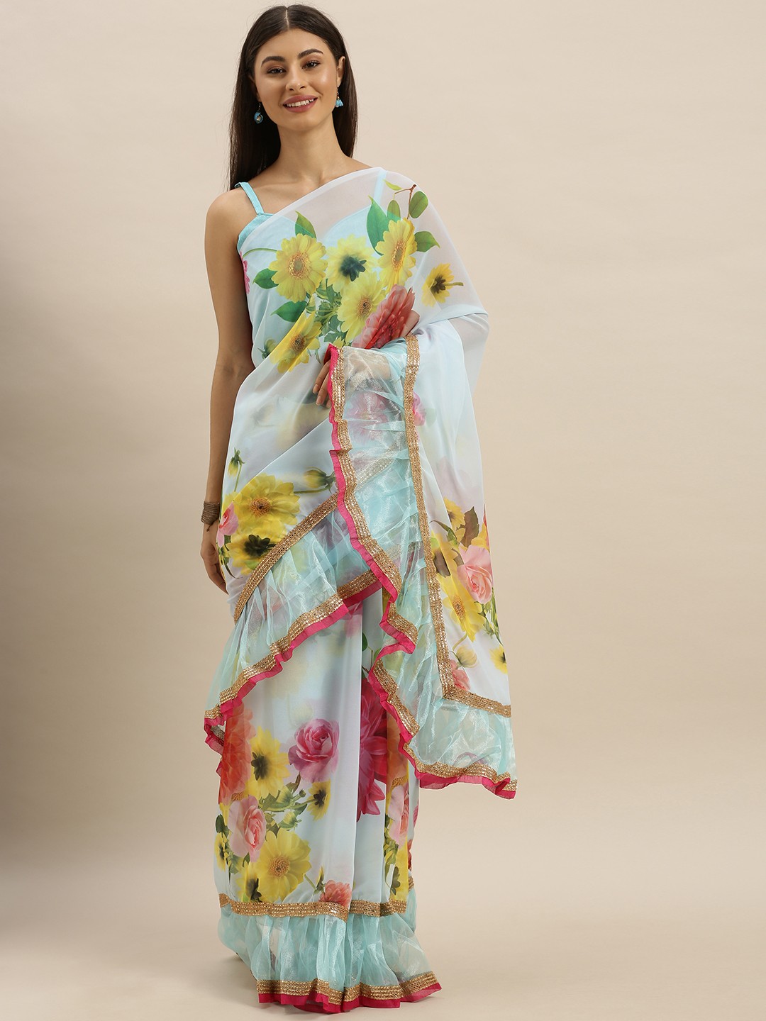 

SHAVYA Turquoise Blue & Yellow Floral Printed Ruffle Saree