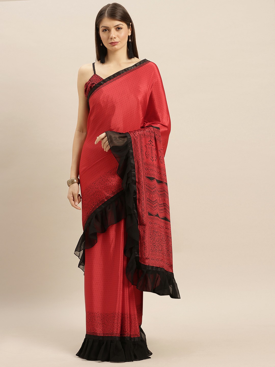 

SHAVYA Red & Black Satin Printed Saree with Ruffles