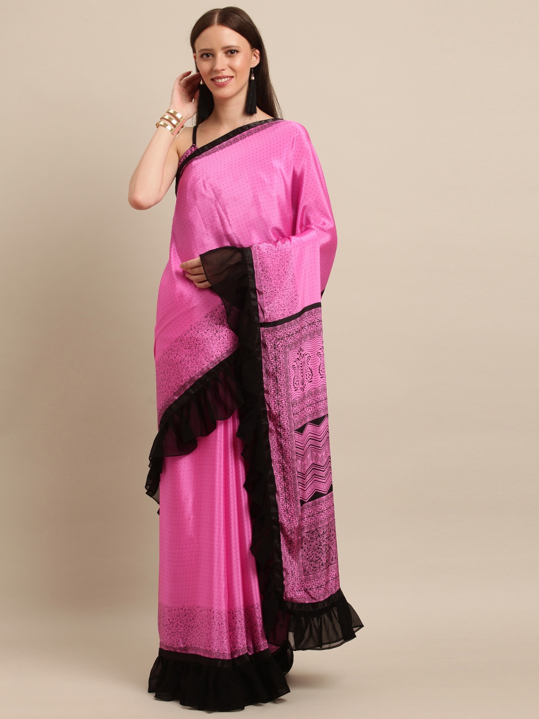 

SHAVYA Pink & Black Satin Printed Saree