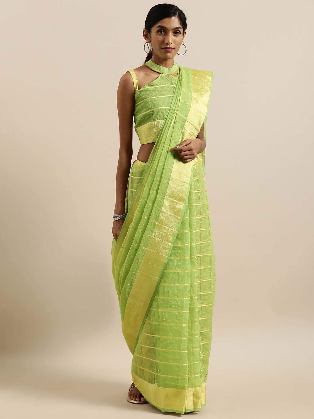 

SHAVYA Green & Gold-Coloured Jute Cotton Checked Kota Saree