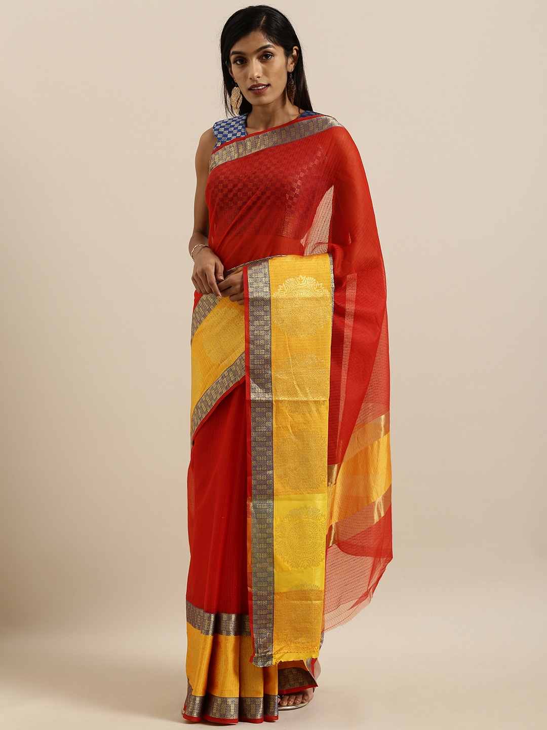 

SHAVYA Red & Yellow Pure Cotton Solid Saree