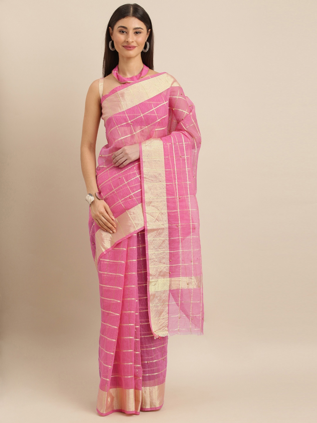 

SHAVYA Pink & Gold-Toned Jute Cotton Embellished Kota Saree