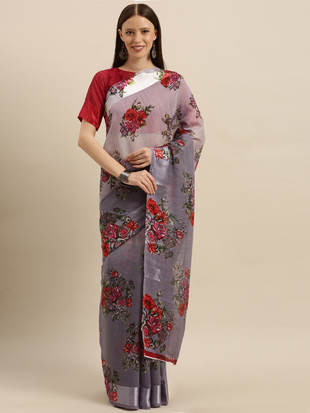 

SHAVYA Lavender & Red Linen Blend Printed Saree