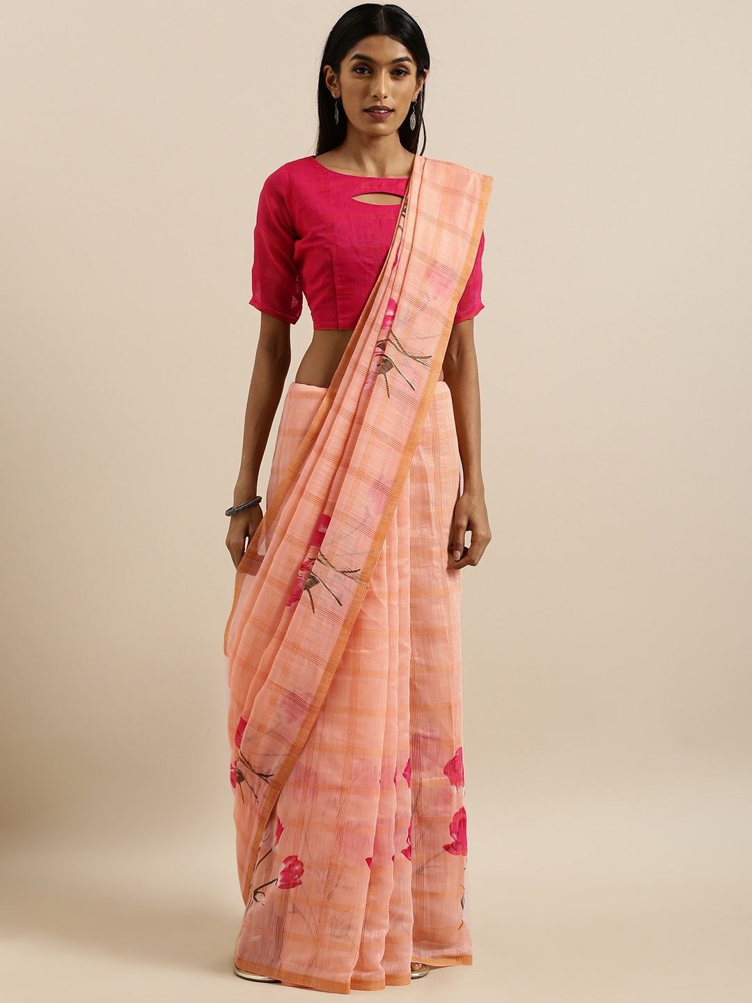 

SHAVYA Peach-Coloured & Mustard Yellow Linen Blend Floral Printed Saree