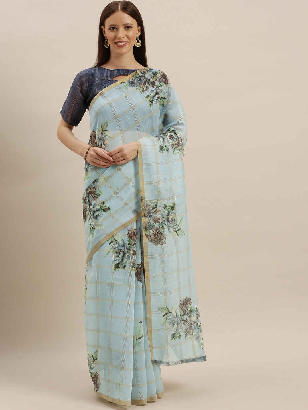 

SHAVYA Blue & Grey Linen Blend Woven Design Patola Saree