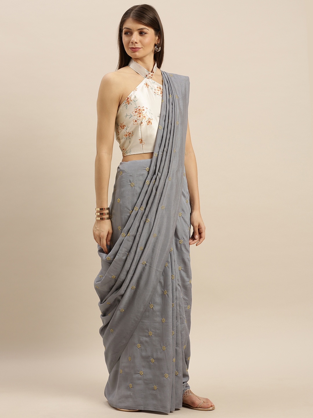 

SHAVYA Grey & Golden Silk Blend Embroidered Saree